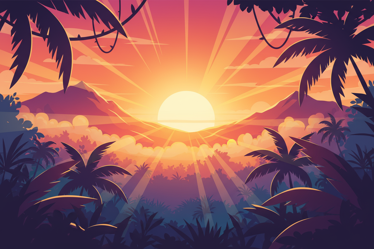 A bold, cinematic jungle at sunrise — vibrant orange and magenta glow rising over misty tropical mountains, sunbeams cutting through palm leaves and vines in the foreground, soft gradient lighting and stylized depth. No symbols or logos in the center. Modern vector-art poster style, bold adventure aesthetic, highly detailed yet uncluttered, designed to complement a brand mascot with deep blues, purples, and fiery orange tones.